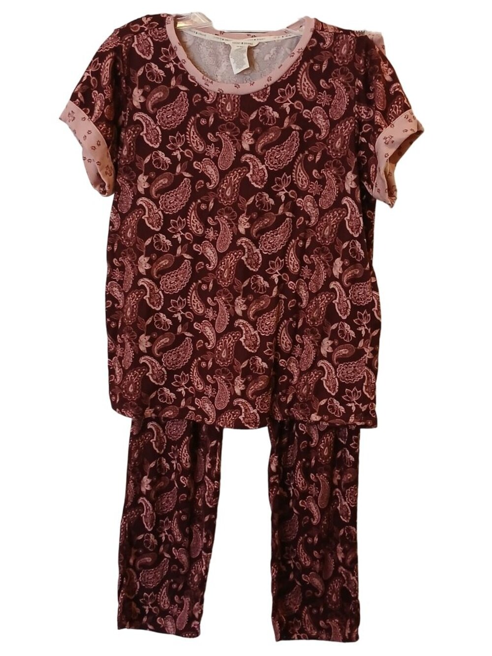 Lucky Brand Pajama Set Womens Small Burgundy Paisley Top Pants w/Pockets #G1